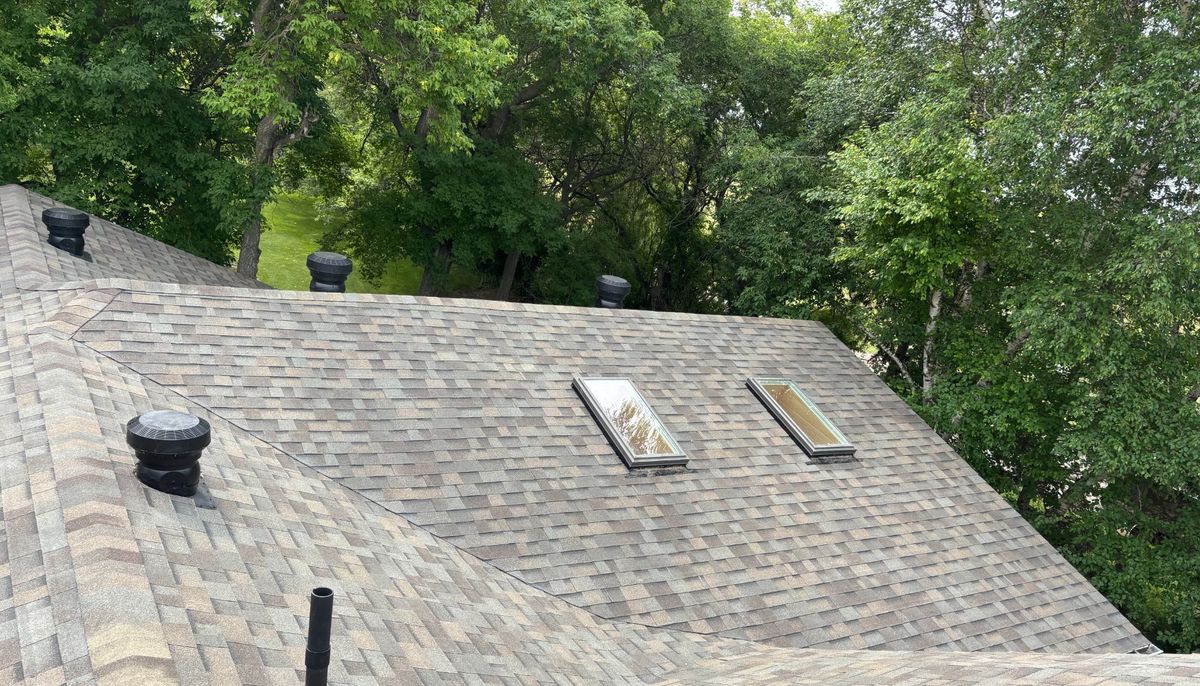 Drone view of completed roof with dual skylights near Canora Saskatchewan